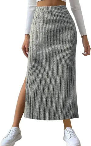 Women's Plus Size High Waisted Midi Skirt Solid Elastic Waistband Side Slit A Line Casual Knit Skirts for Women
