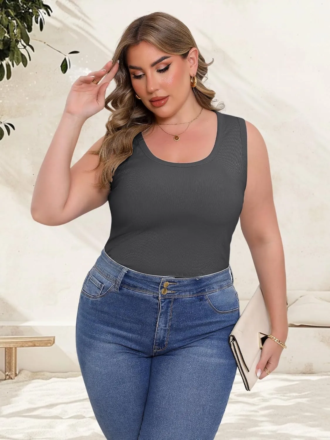 Women's Plus Size Tank Tops Summer Sleeveless Scoop Neck Cami Top Shirt Ribbed Knit Basic Casual Racerback Blouse