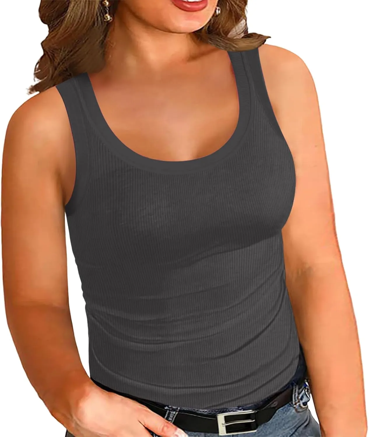 Women's Plus Size Tank Tops Summer Sleeveless Scoop Neck Cami Top Shirt Ribbed Knit Basic Casual Racerback Blouse
