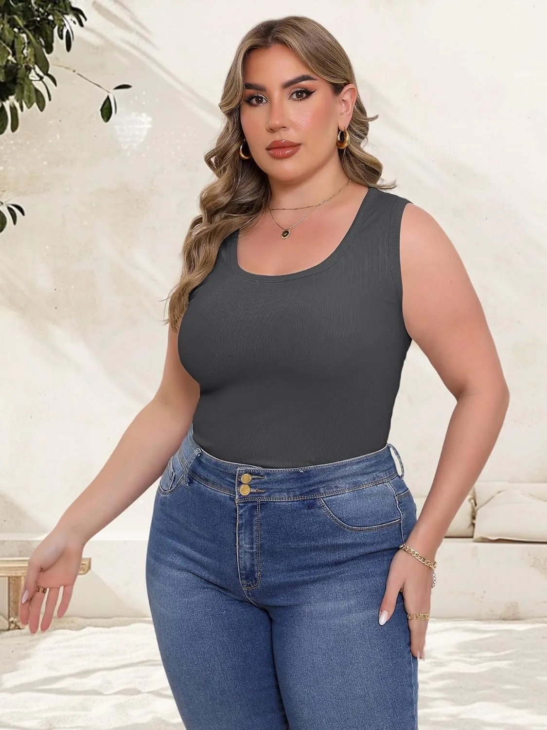 Women's Plus Size Tank Tops Summer Sleeveless Scoop Neck Cami Top Shirt Ribbed Knit Basic Casual Racerback Blouse