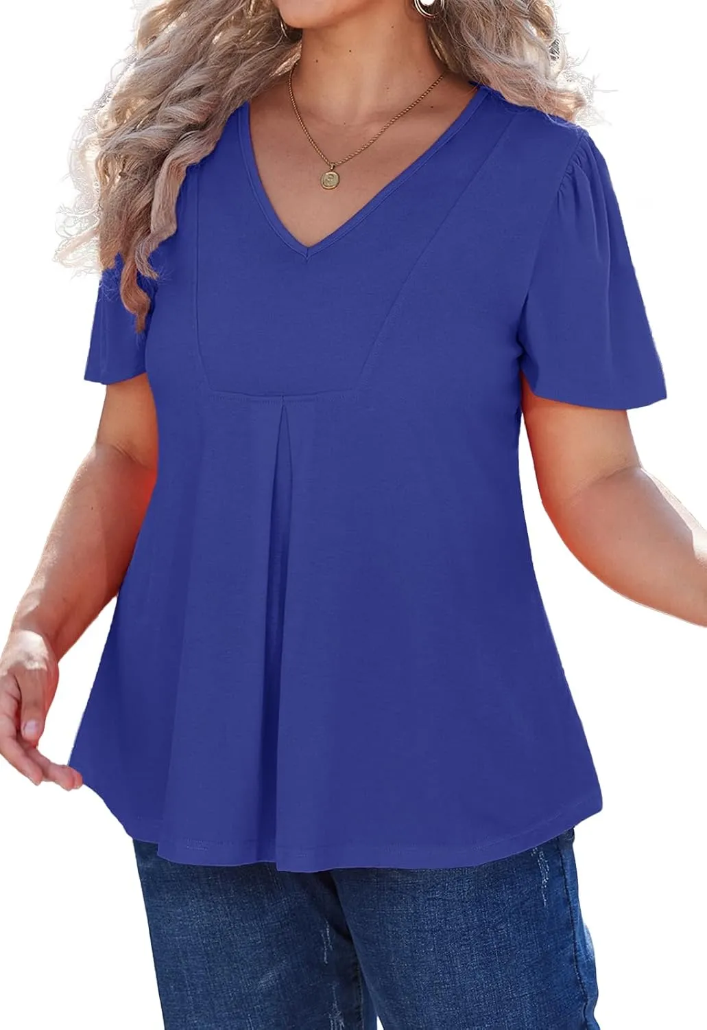 Women's Plus Size Tunic Tops Summer Short Sleeve V Neck Ruffle Blouse Pleated Casual Flowy Swing T Shirt