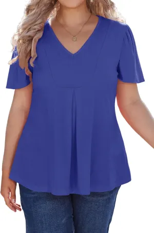 Women's Plus Size Tunic Tops Summer Short Sleeve V Neck Ruffle Blouse Pleated Casual Flowy Swing T Shirt