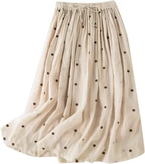 Womens Polka Dot Linen Maxi Skirt Summer Comfy Tiered Elastic High Waisted Aline Flowy Swing Pleated Skirts for Women