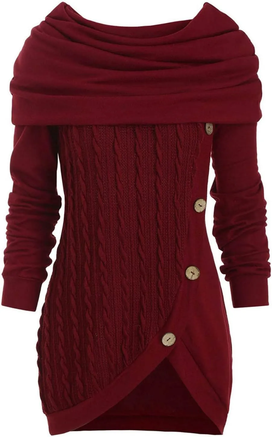 Women's Pullover Sweaters Plus Size O-Neck Long Sleeve Solid Botton Pachwork Asymmetric Tops Sweater, S-5XL