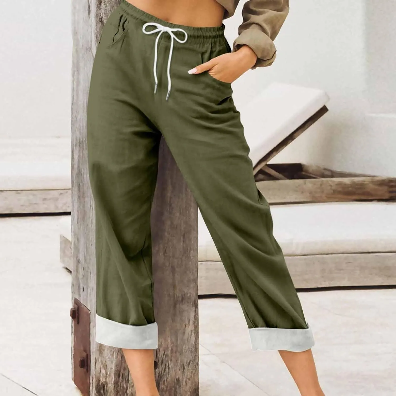 Womens Roll Up Capri Pants Cotton Linen High Waisted Drawstring Pants with Pocket 2025 Summer Lounge Elastic Trousers