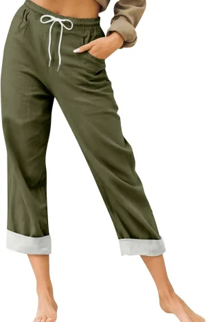 Womens Roll Up Capri Pants Cotton Linen High Waisted Drawstring Pants with Pocket 2025 Summer Lounge Elastic Trousers