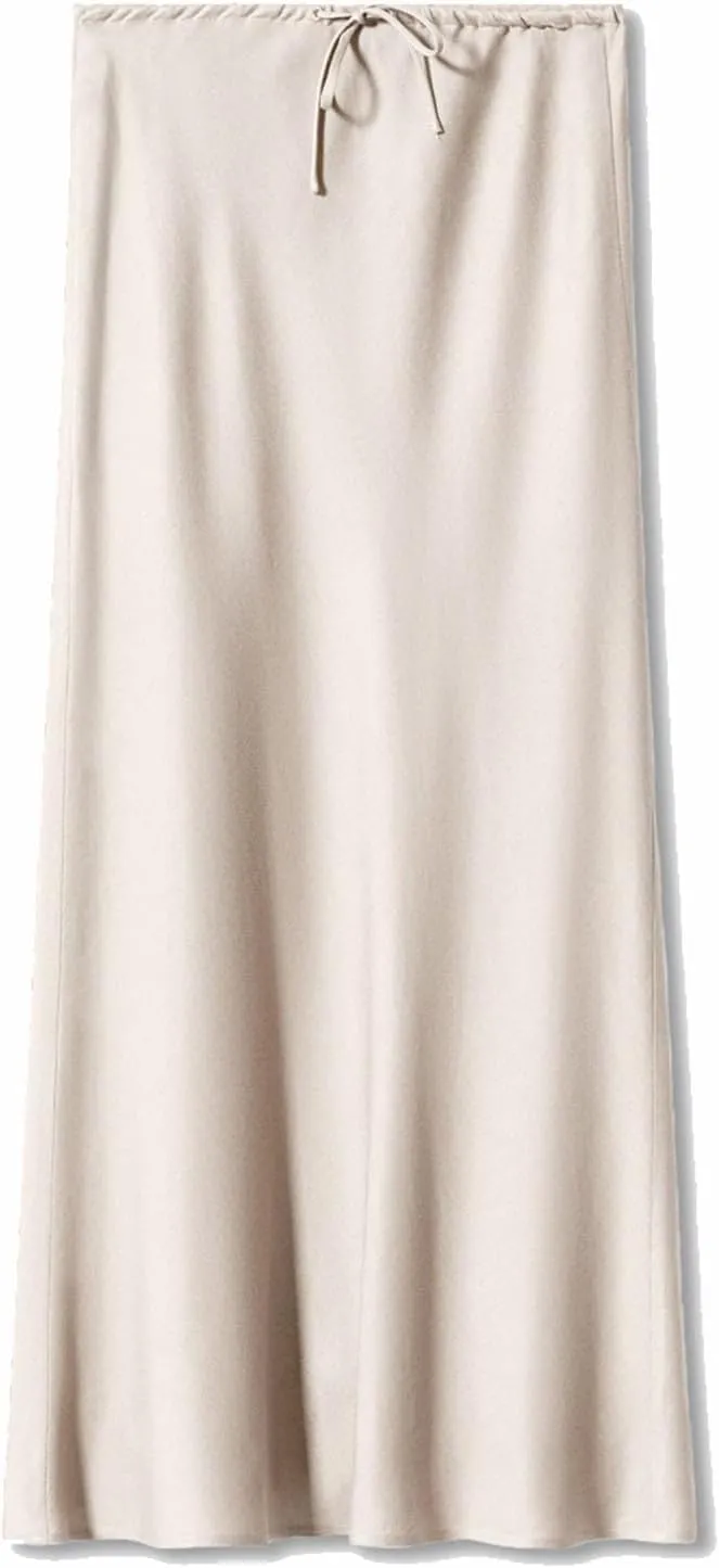 Women's Satin Maxi Skirts Drawstring High Waist Silk Flowy Casual A-Line Long Skirt Cocktail Party Weekend Midi Skirts