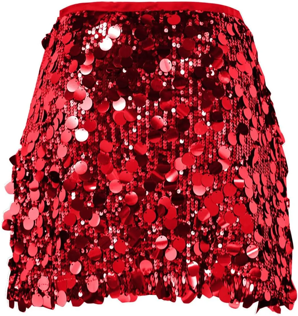 Womens Sequin Skirts Sparkly Glitter Mid-Thigh Length Concert Mini Skirt Shiny Dance Club Rave Party Bodycon Skirt