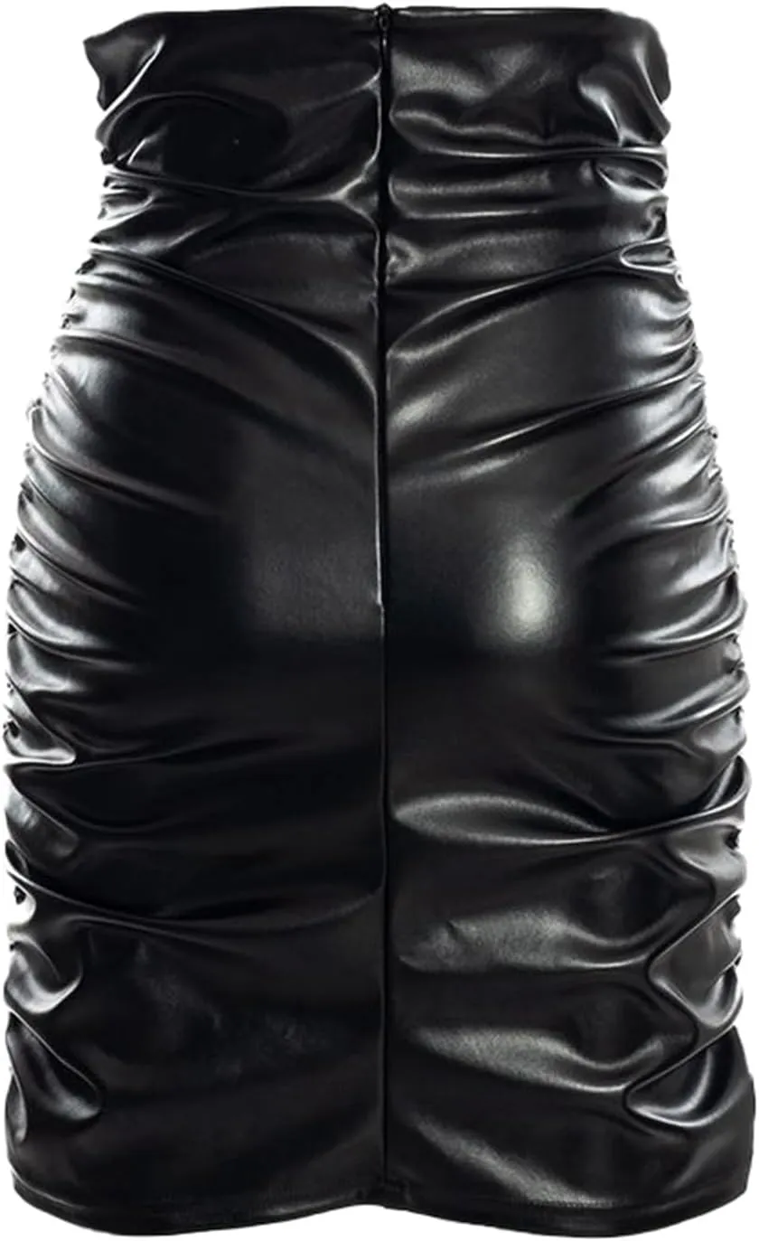 Women's Skirts Women's Fashion High Waist Pleated Solid Color PU Bodycon Midi Skirt