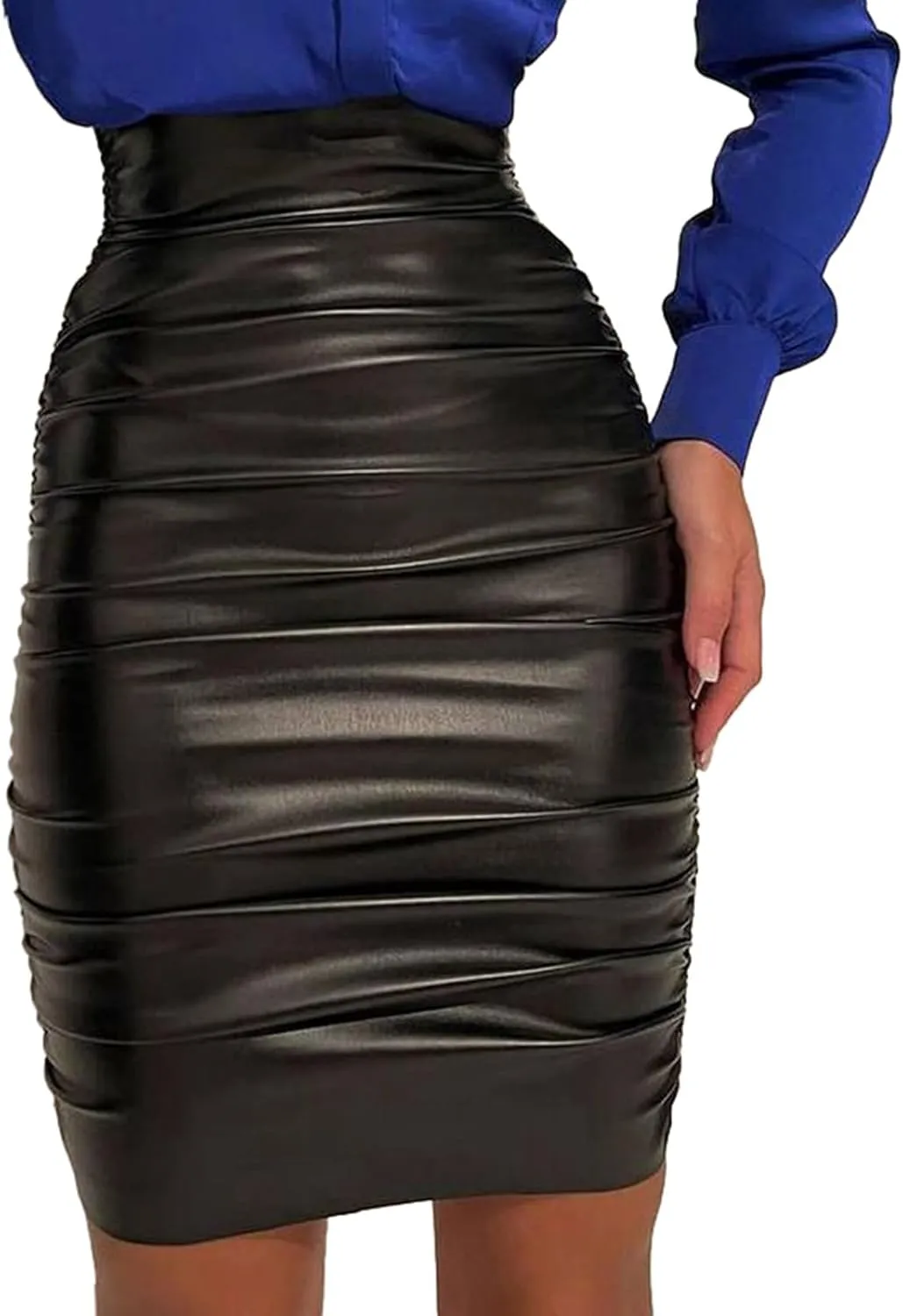 Women's Skirts Women's Fashion High Waist Pleated Solid Color PU Bodycon Midi Skirt