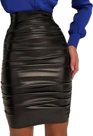 Women's Skirts Women's Fashion High Waist Pleated Solid Color PU Bodycon Midi Skirt