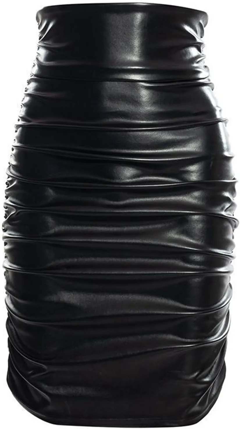 Women's Skirts Women's Fashion High Waist Pleated Solid Color PU Bodycon Midi Skirt