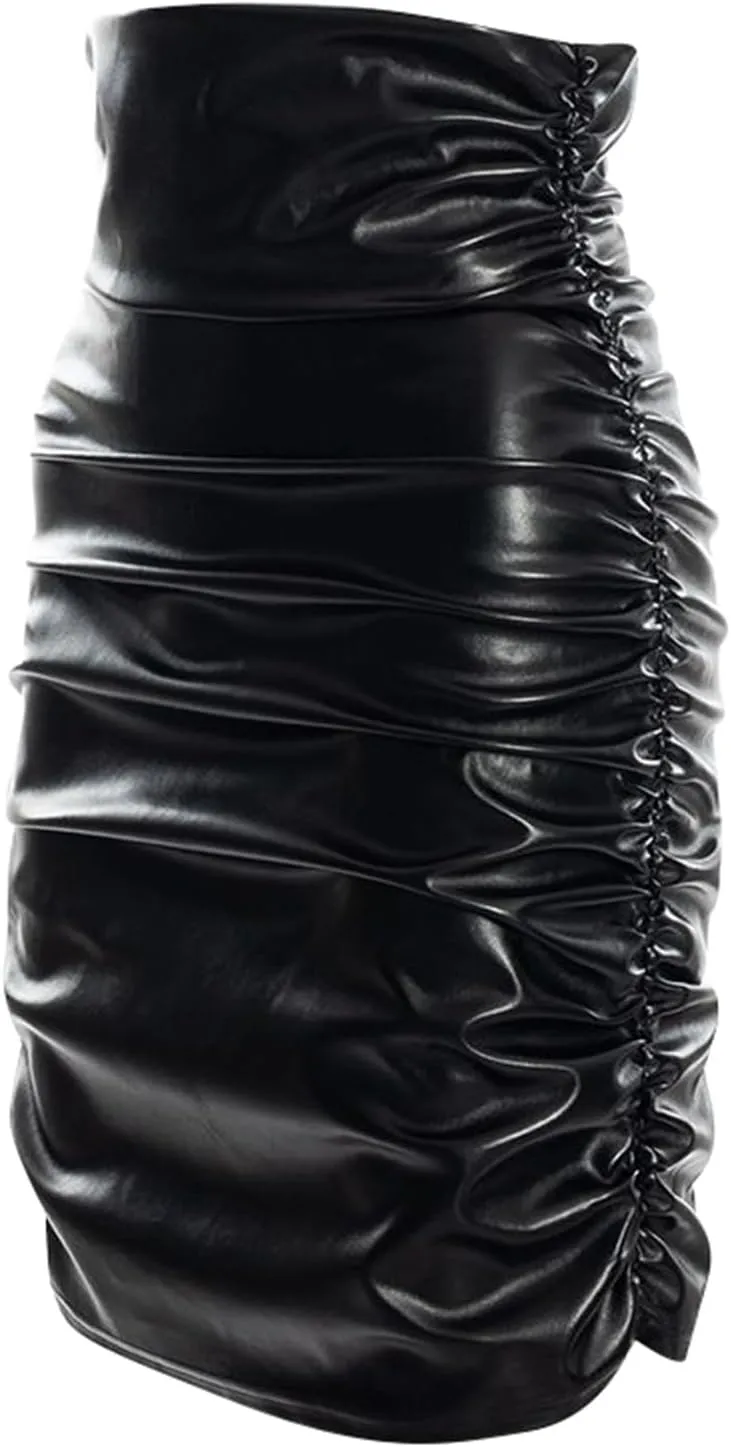 Women's Skirts Women's Fashion High Waist Pleated Solid Color PU Bodycon Midi Skirt