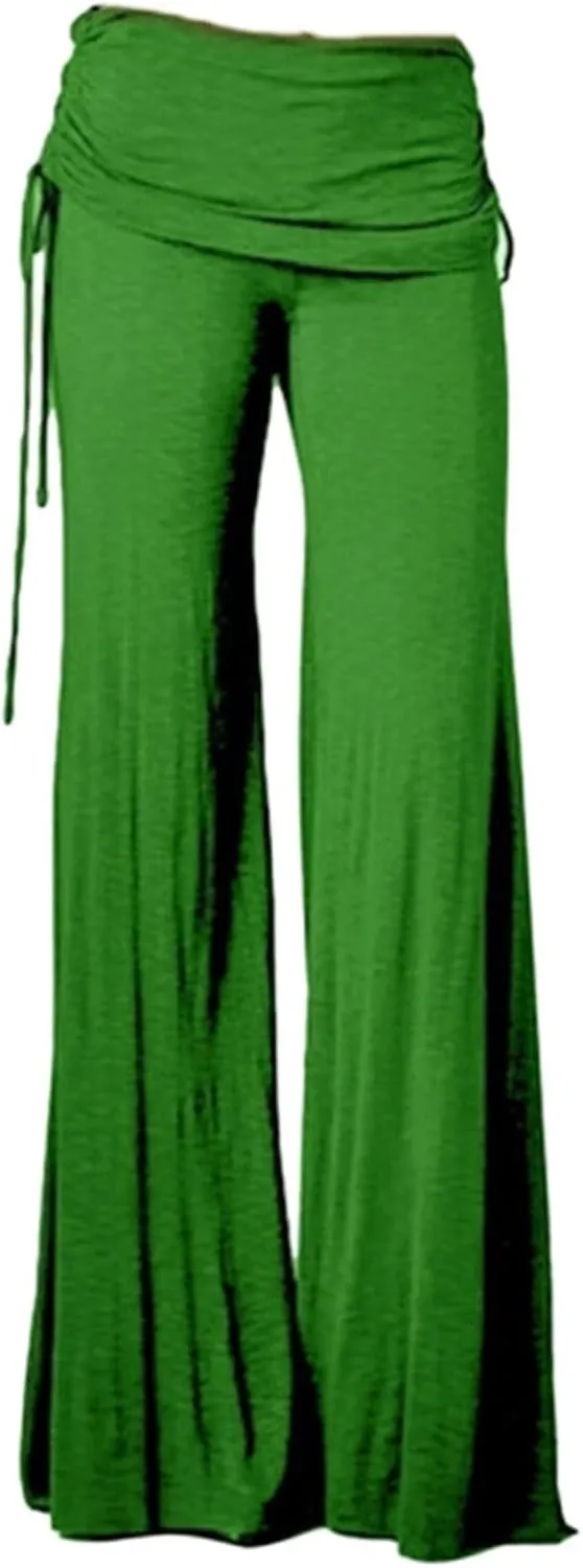 Womens Soft Comfy Yoga Pants Pleated Fold Waist Lacing Flowy Wide Leg Trousers Casual Loose Gym Fitness Workout Dance Pants