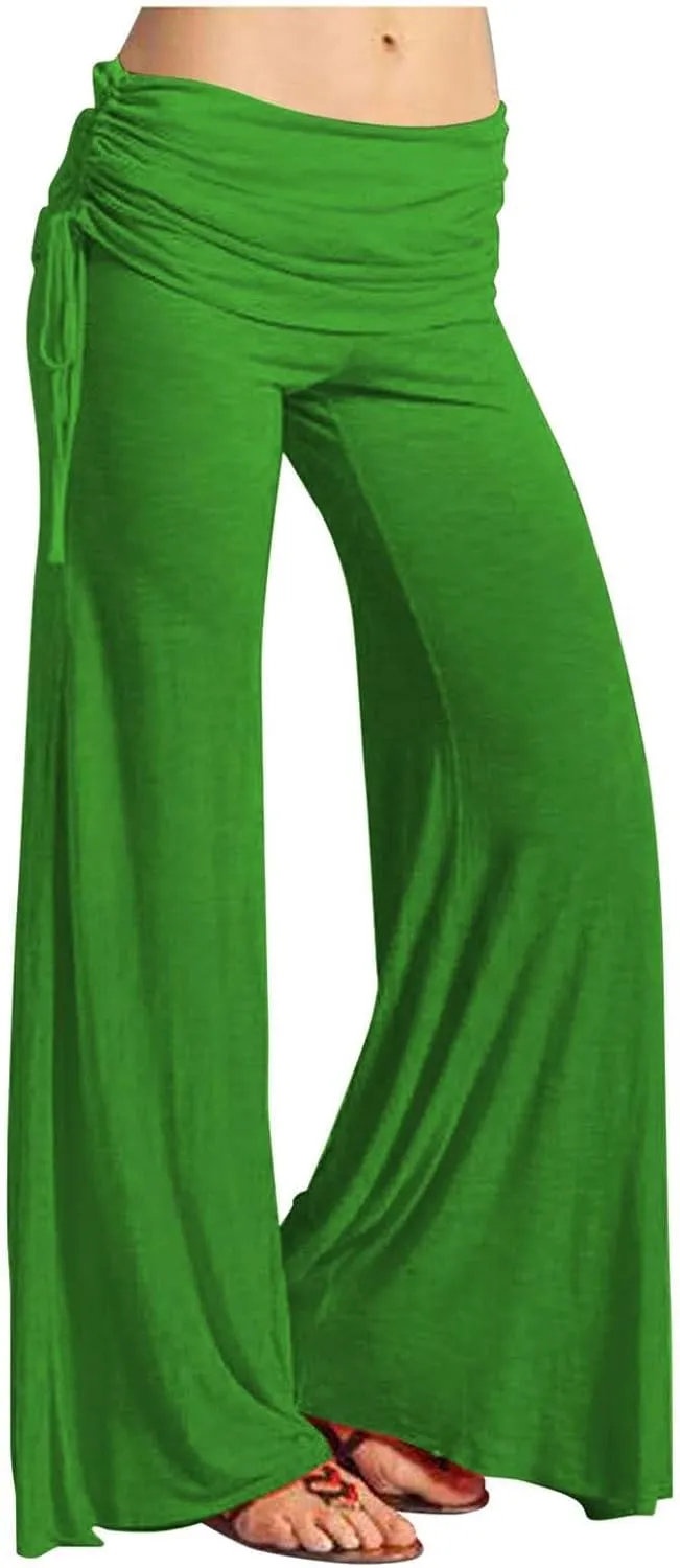 Womens Soft Comfy Yoga Pants Pleated Fold Waist Lacing Flowy Wide Leg Trousers Casual Loose Gym Fitness Workout Dance Pants