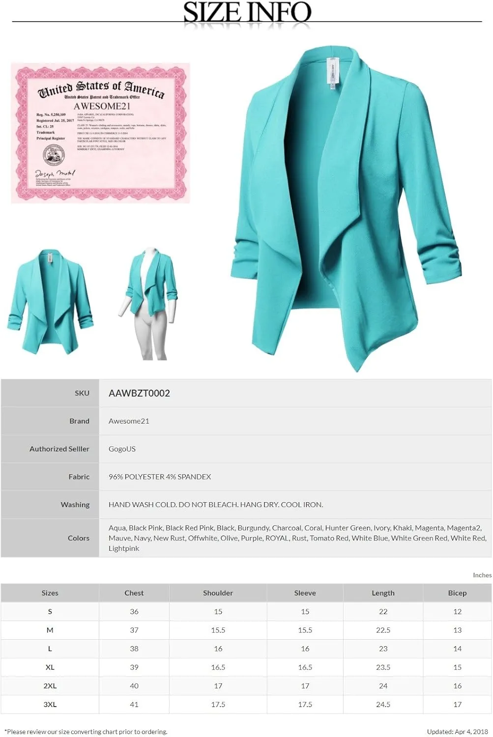 Women's Stretch 3/4 Gathered Sleeve Open Blazer Jacket