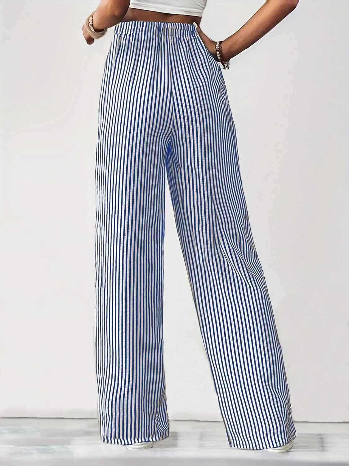Women's Striped Print Straight Leg Long Pants High Waisted Wide Leg Drawstring Elastic Waist Trousers with Pockets