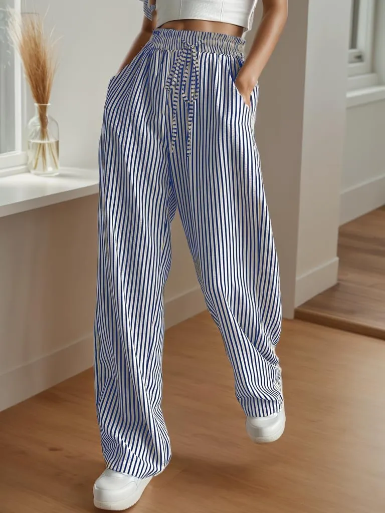 Women's Striped Print Straight Leg Long Pants High Waisted Wide Leg Drawstring Elastic Waist Trousers with Pockets