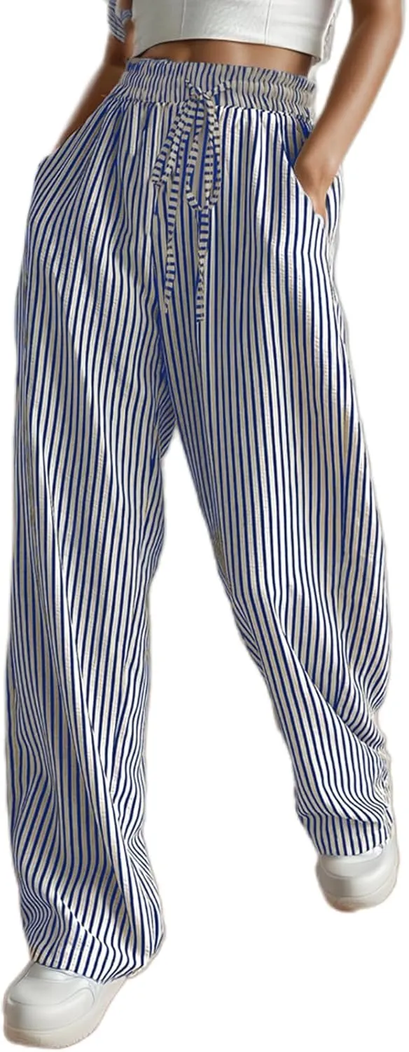 Women's Striped Print Straight Leg Long Pants High Waisted Wide Leg Drawstring Elastic Waist Trousers with Pockets