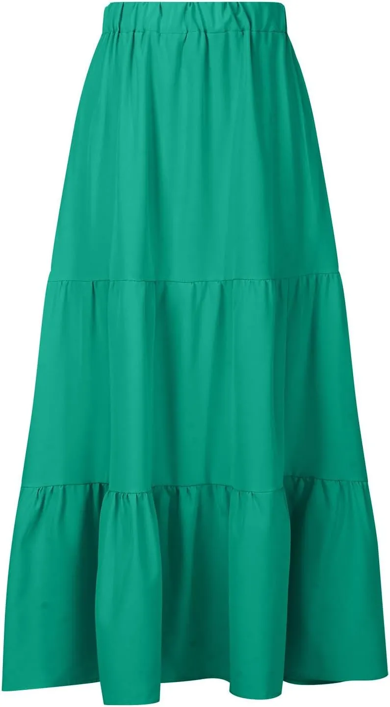 Womens Summer Casual Beach Skirts Elastic Waist Pleated A-Line Flowy Skirt with Pocket Basic Solid Midi Skirt