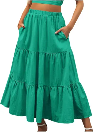 Womens Summer Casual Beach Skirts Elastic Waist Pleated A-Line Flowy Skirt with Pocket Basic Solid Midi Skirt