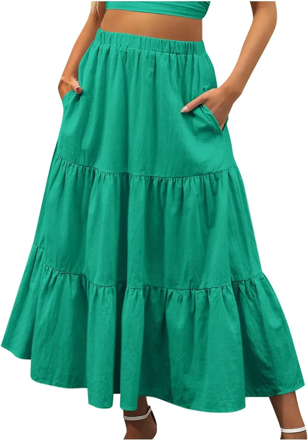 Womens Summer Casual Beach Skirts Elastic Waist Pleated A-Line Flowy Skirt with Pocket Basic Solid Midi Skirt