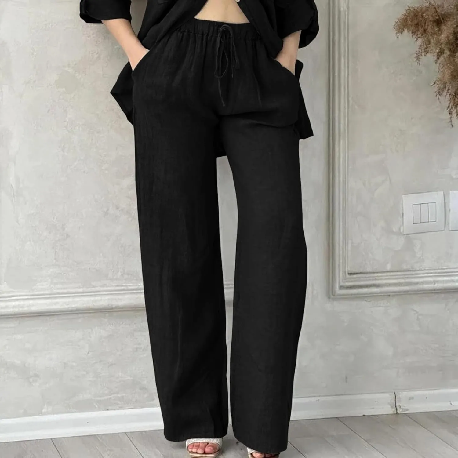 Women's Summer Casual Linen Pants Long Drawstring Women Waist Cotton Casual Pants Lightweight Loose Trousers