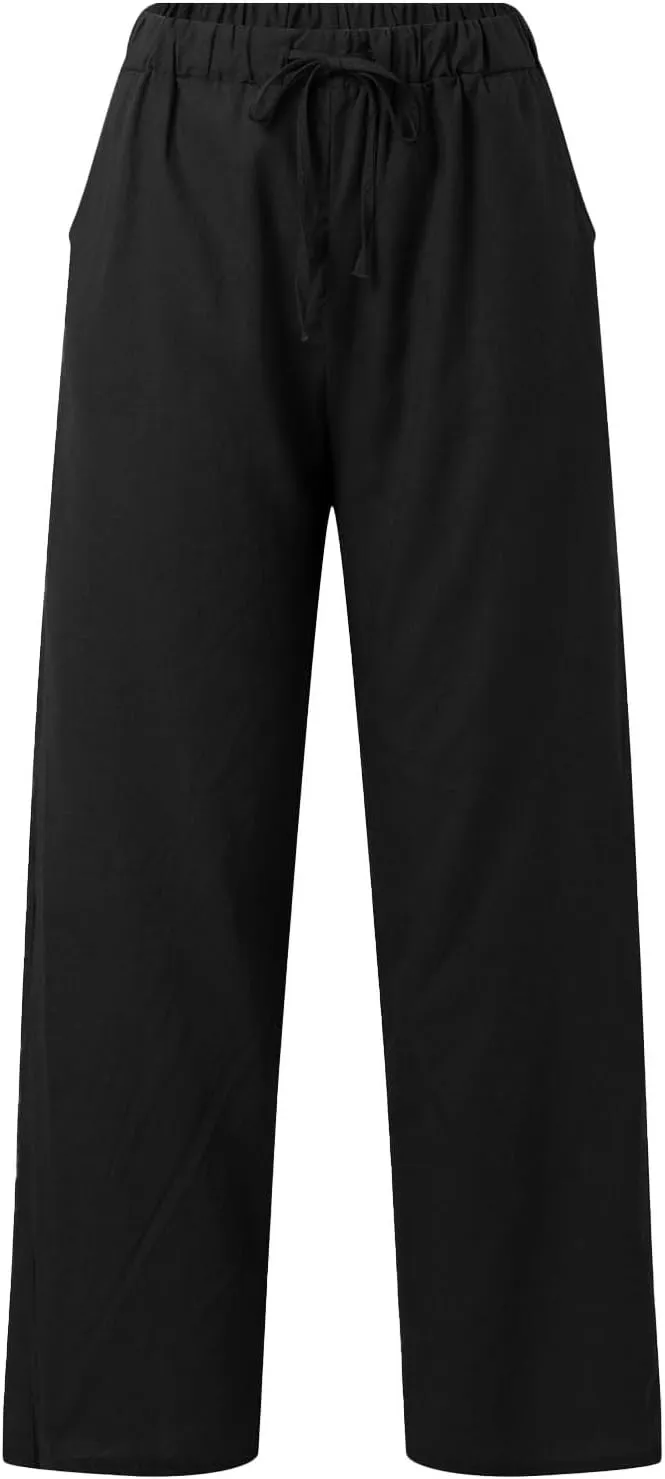 Women's Summer Casual Linen Pants Long Drawstring Women Waist Cotton Casual Pants Lightweight Loose Trousers