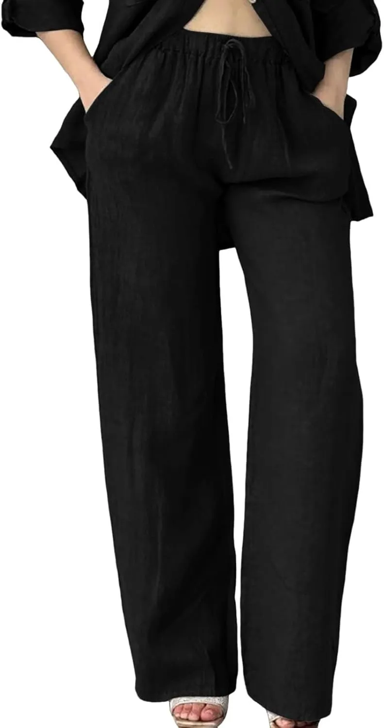Women's Summer Casual Linen Pants Long Drawstring Women Waist Cotton Casual Pants Lightweight Loose Trousers