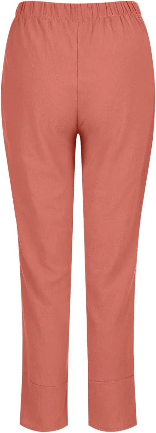 Womens Summer Pants Cotton Linen Wide Leg Harem Trousers Casual Loose Fit Flowy Elastic Waist Palazzo with Pockets