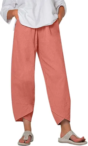 Womens Summer Pants Cotton Linen Wide Leg Harem Trousers Casual Loose Fit Flowy Elastic Waist Palazzo with Pockets