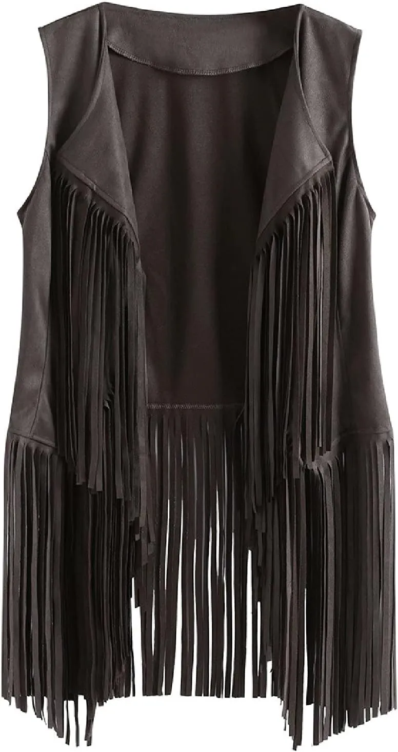 Womens Tassel Suede Vest Sleeveless Fringe Jacket 70s Hippie Vest Cowgirl Western Faux Suede Tassel Leather Outerwear