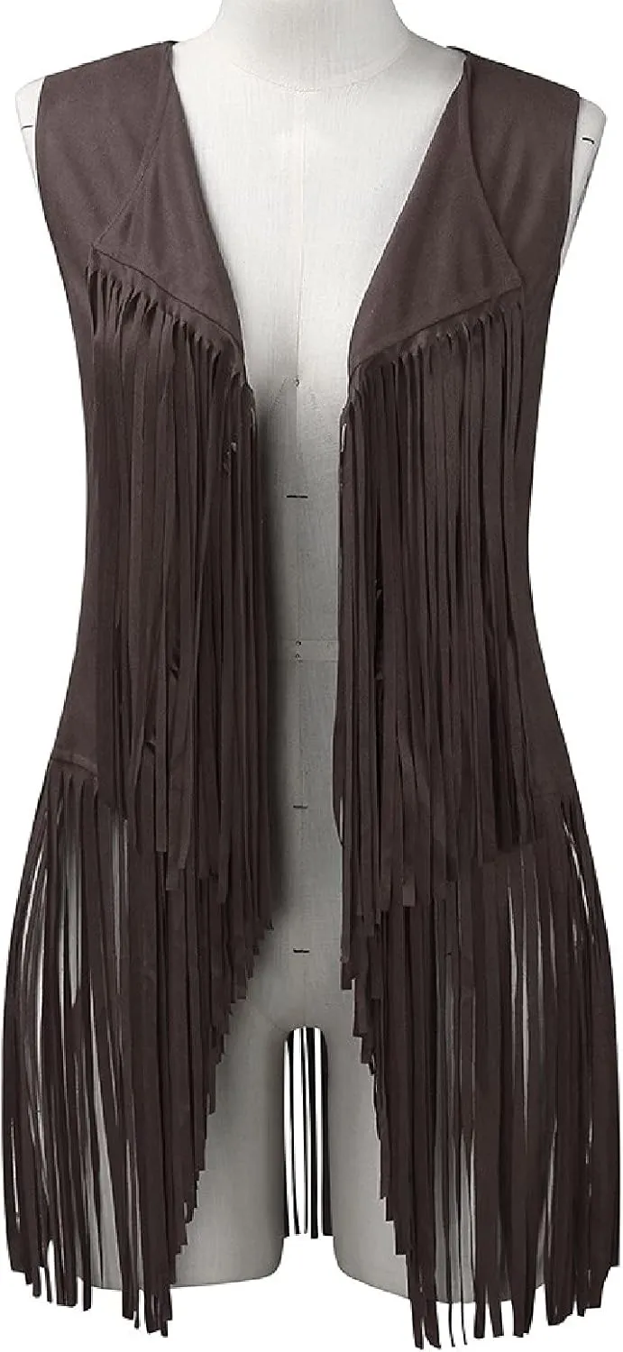 Womens Tassel Suede Vest Sleeveless Fringe Jacket 70s Hippie Vest Cowgirl Western Faux Suede Tassel Leather Outerwear