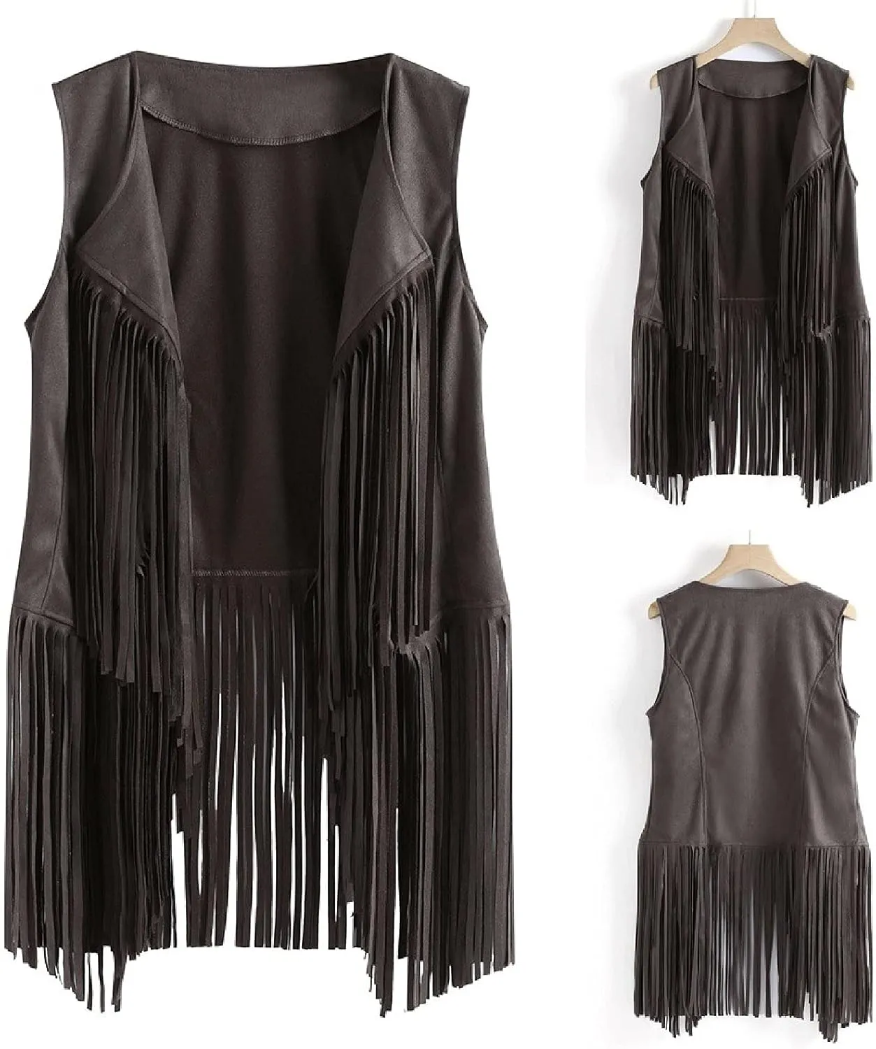 Womens Tassel Suede Vest Sleeveless Fringe Jacket 70s Hippie Vest Cowgirl Western Faux Suede Tassel Leather Outerwear