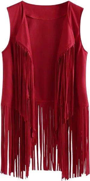 Womens Tassel Suede Vest Sleeveless Fringe Jacket 70s Hippie Vest Cowgirl Western Faux Suede Tassel Leather Outerwear