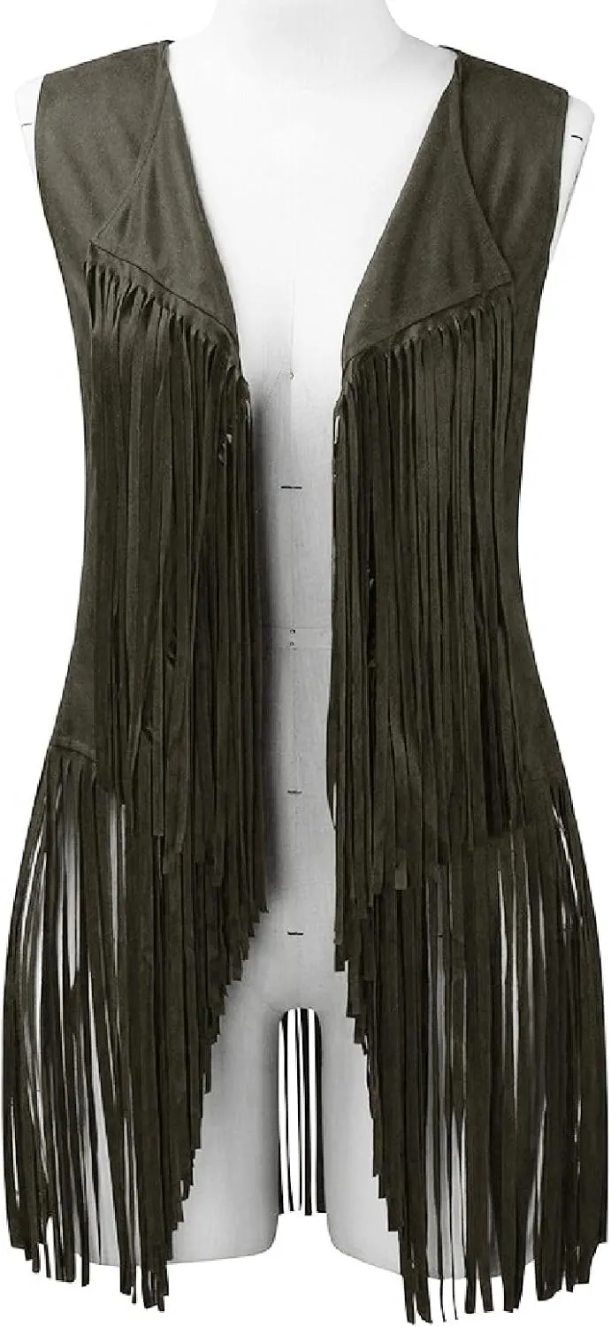 Womens Tassel Suede Vest Sleeveless Fringe Jacket 70s Hippie Vest Cowgirl Western Faux Suede Tassel Leather Outerwear