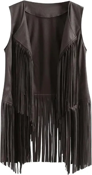 Womens Tassel Suede Vest Sleeveless Fringe Jacket 70s Hippie Vest Cowgirl Western Faux Suede Tassel Leather Outerwear