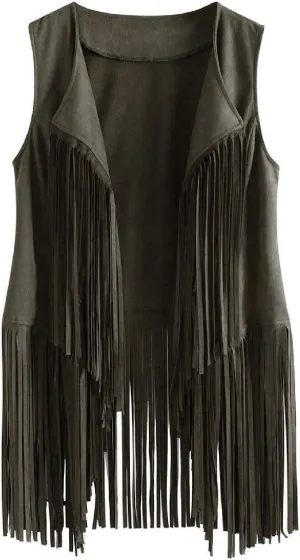 Womens Tassel Suede Vest Sleeveless Fringe Jacket 70s Hippie Vest Cowgirl Western Faux Suede Tassel Leather Outerwear
