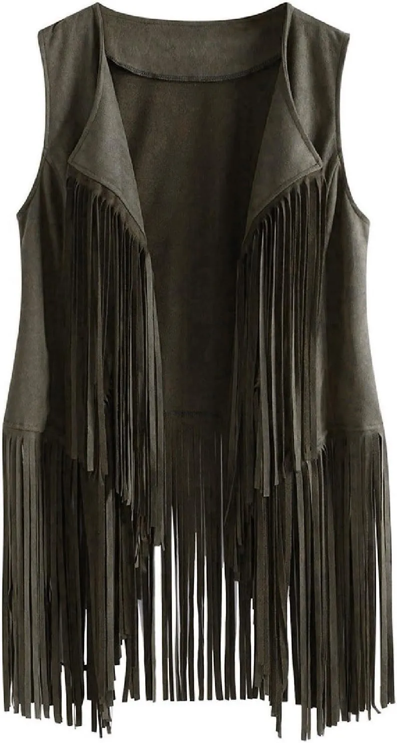 Womens Tassel Suede Vest Sleeveless Fringe Jacket 70s Hippie Vest Cowgirl Western Faux Suede Tassel Leather Outerwear