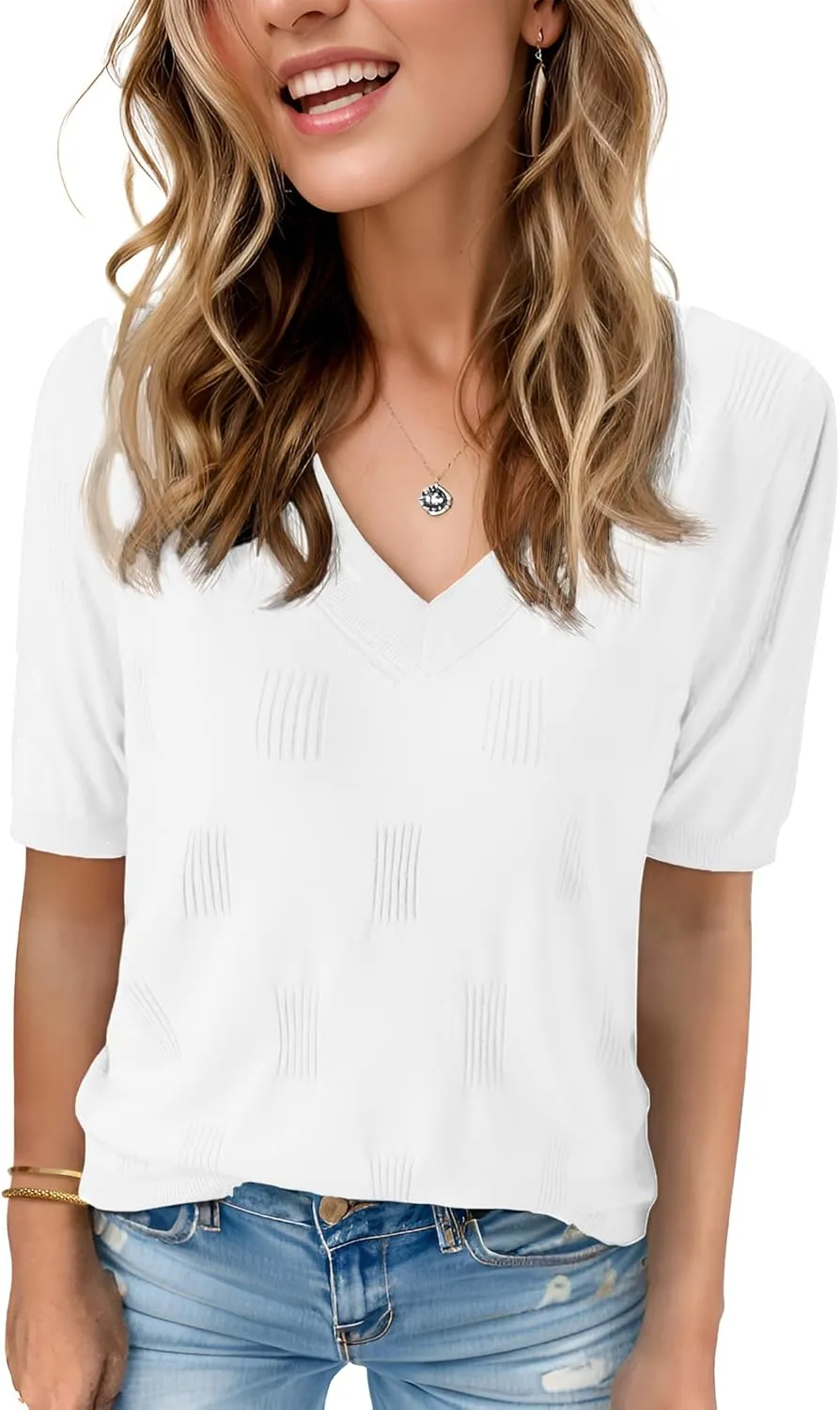 Womens Tops 2025 Spring Summer Short Sleeve V Neck Sweaters Trendy Dressy Casual Blouse Lightweight Knit Shirts