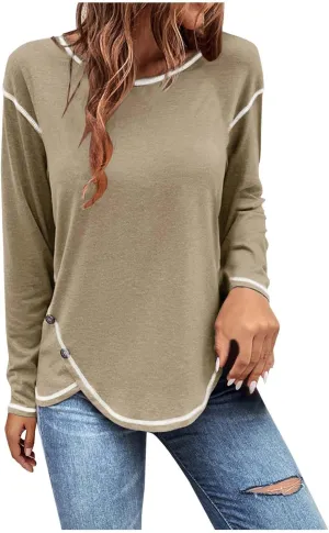Womens Tops Fall Fashion 2024 Long Sleeve Solid Color Shirt Crew Neck Side Split Blouse Basic Loose Spring Outfits