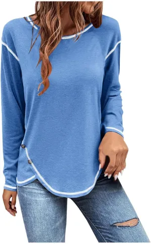 Womens Tops Fall Fashion 2024 Long Sleeve Solid Color Shirt Crew Neck Side Split Blouse Basic Loose Spring Outfits