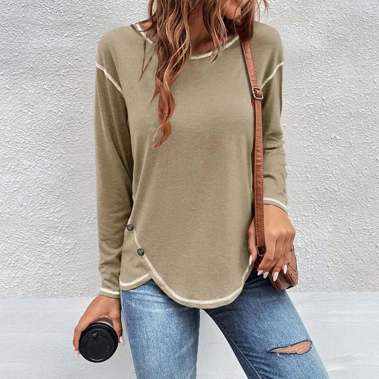 Womens Tops Fall Fashion 2024 Long Sleeve Solid Color Shirt Crew Neck Side Split Blouse Basic Loose Spring Outfits