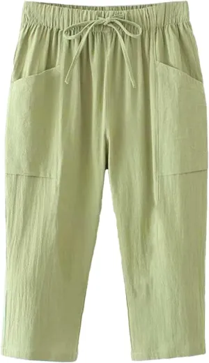 Womens Trousers Waist Loose Pocket Elastic Pants Three Quarter Pants Womens High Waist Casual Floral Print