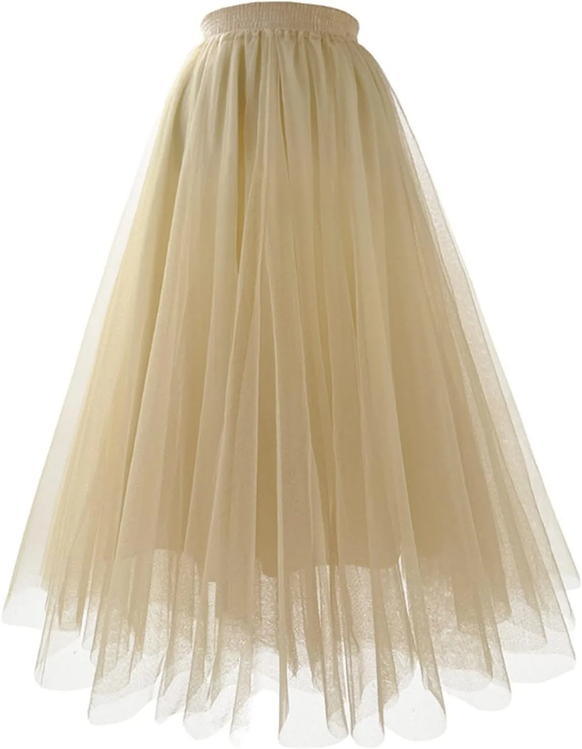 Womens Tulle Pleated Skirts Elastic High Waist Midi Length Tutu Skirts Prom Party Flowy Mesh A-Line Long Skirt