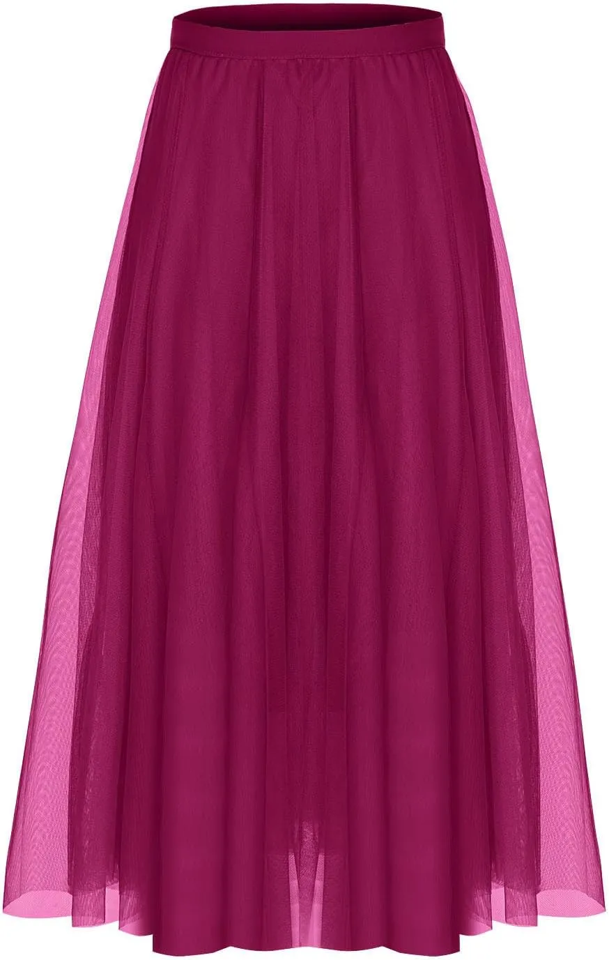 Womens Tulle Skirt Elegant Pleated Skirt for Women Midi Length Elastic Waist Skirts Party Evening A Line Tutu Skirts
