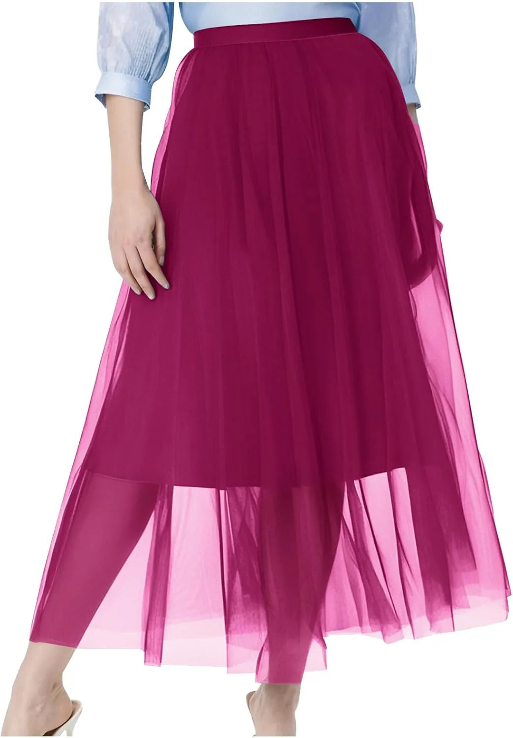Womens Tulle Skirt Elegant Pleated Skirt for Women Midi Length Elastic Waist Skirts Party Evening A Line Tutu Skirts