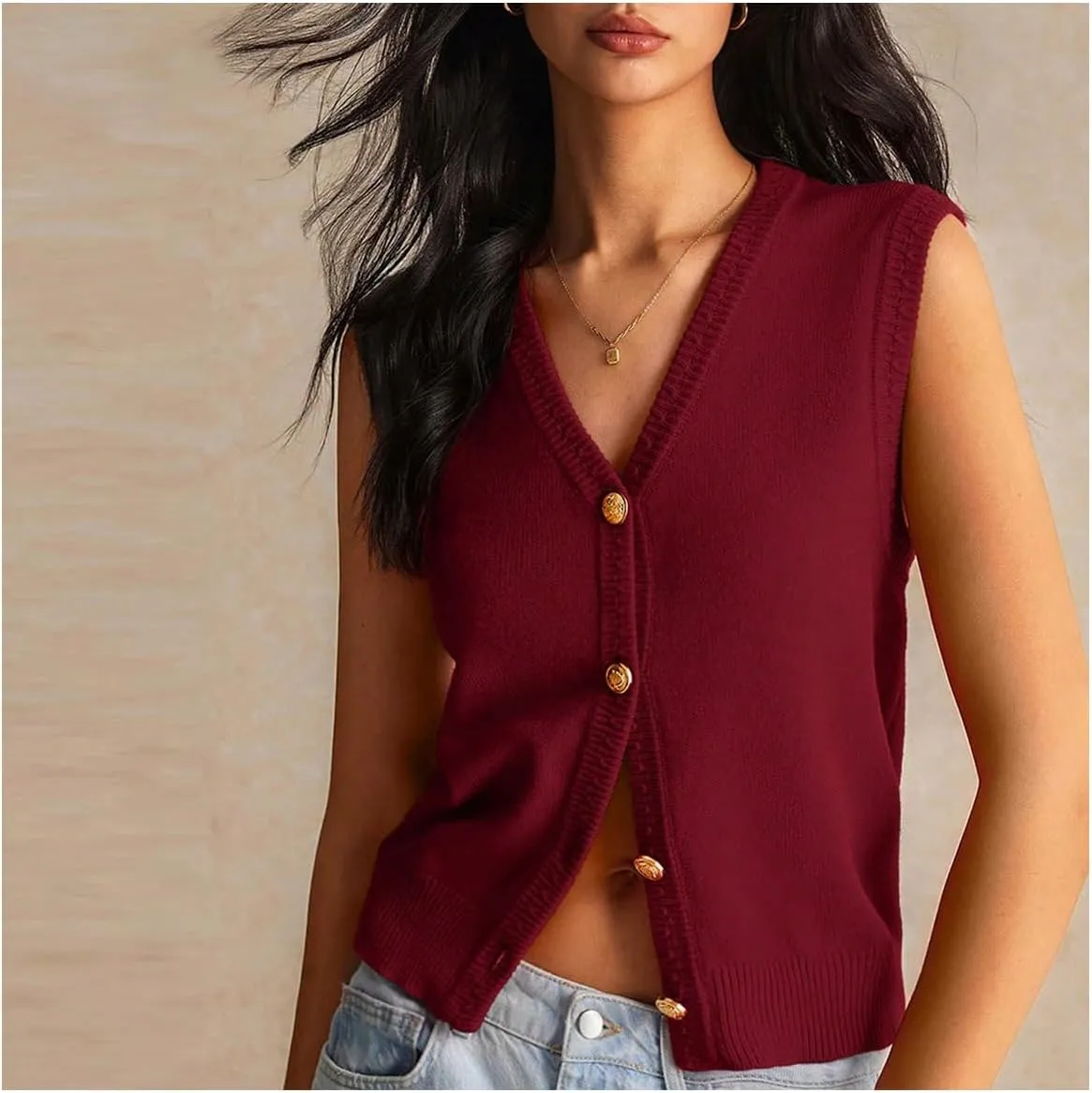 Women's V Neck Sweater Vest Button Down Sleeveless Vest Cardigan Casual Knit Vest