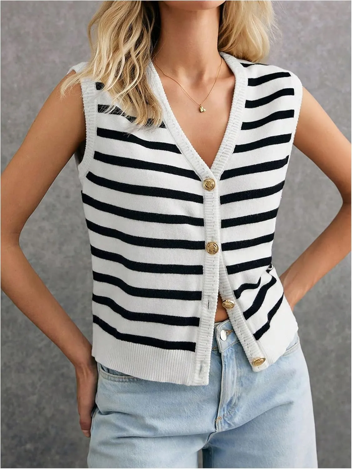 Women's V Neck Sweater Vest Button Down Sleeveless Vest Cardigan Casual Knit Vest
