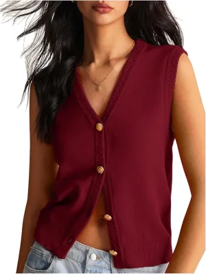 Women's V Neck Sweater Vest Button Down Sleeveless Vest Cardigan Casual Knit Vest